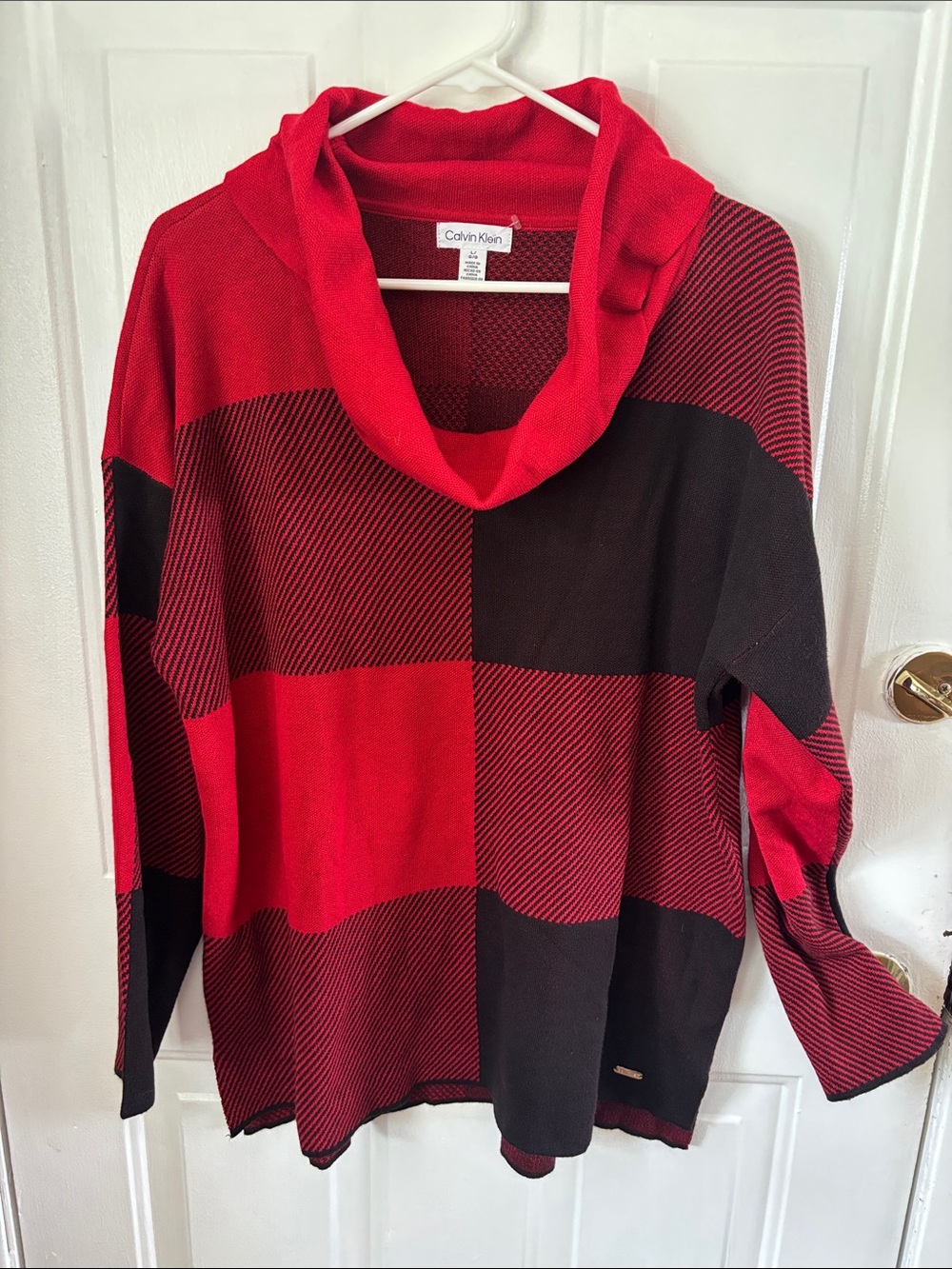 Calvin Klein Red & Black Cowl Neck Buffalo-Style Sweater